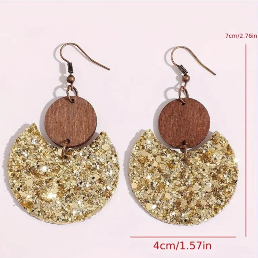 NEW Wood + Gold glittery dangle Earrings - Boutique - Picture 2 of 3